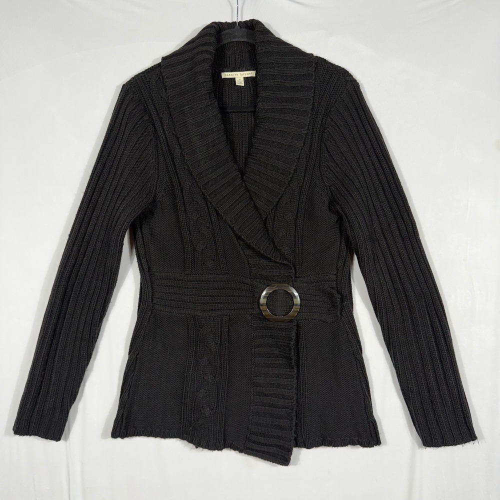 Vtg Y2K Carolyn Taylor Black Cable Knit Cardigan Wrap Sweater Preppy Coquette M